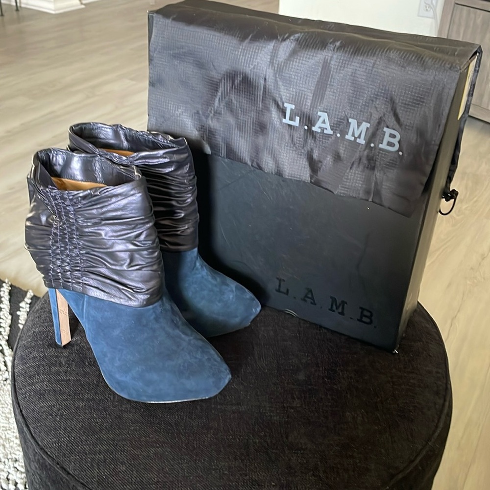 Lamb Navy Blue Suede Ankle Boots-7 1/2 M-“Puffy”-1” Platform w/5” heel